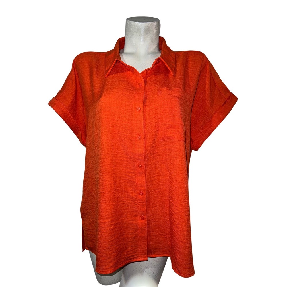 New Calvin Klein Top Flame Orange Textured Short Sleeve Button Down Shirt Top XL